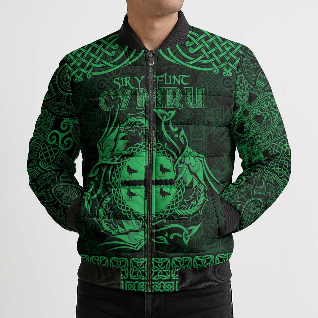 Personalized Flintshire Sir y Fflint Bomber Puffer Jacket Green Four Choughs Celtic-inspired - Wonder Print Shop