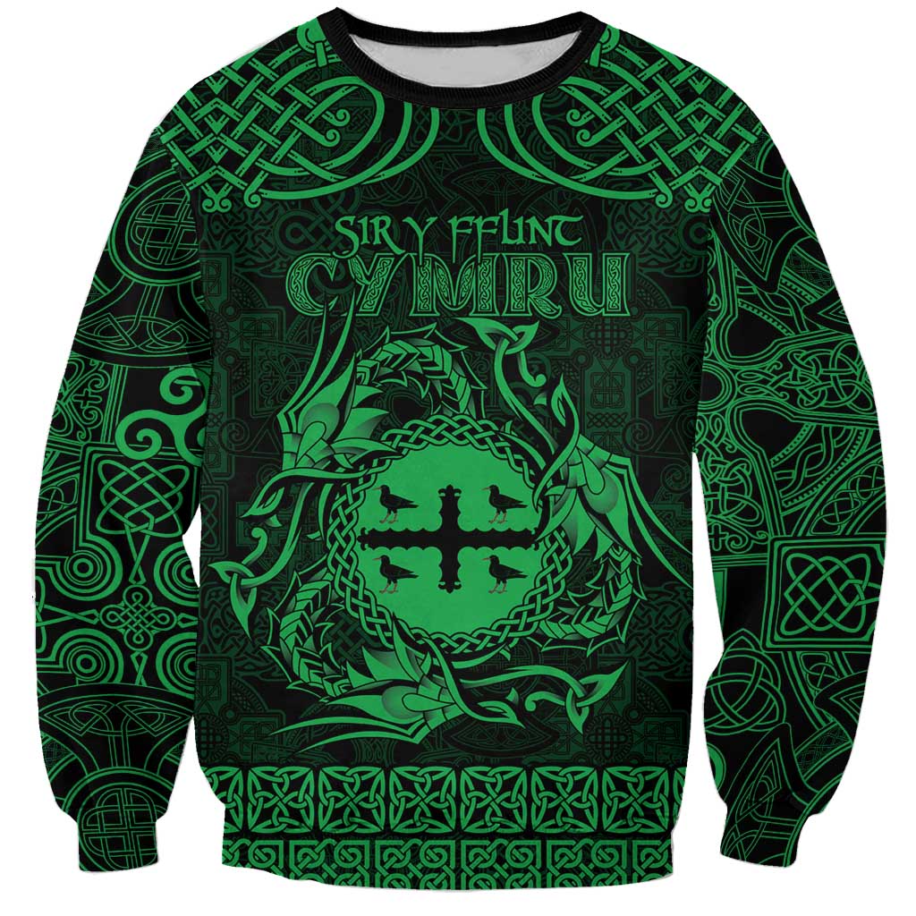 Personalized Flintshire Sir y Fflint Sweatshirt Green Four Choughs Celtic-inspired - Wonder Print Shop