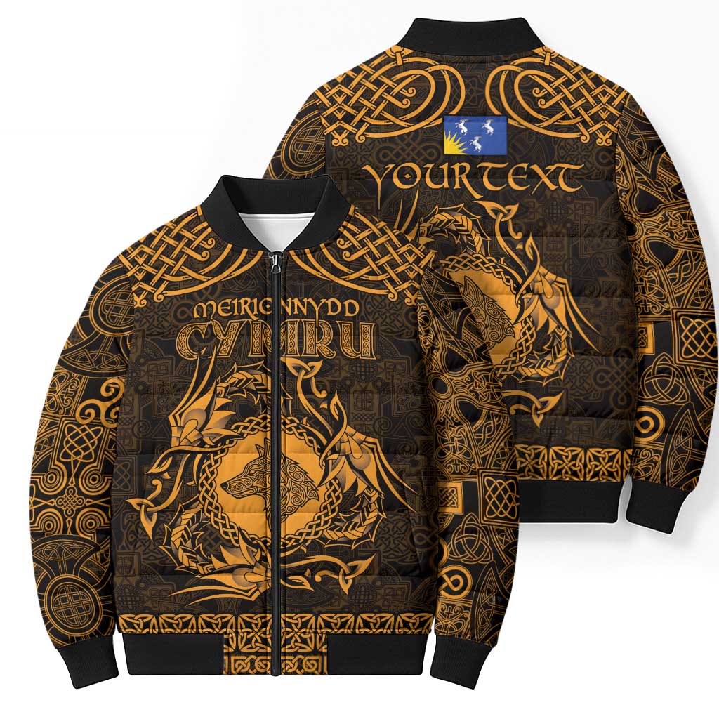 Personalized Merionethshire Meirionnydd Bomber Puffer Jacket Gold Wolf Celtic-inspired - Wonder Print Shop
