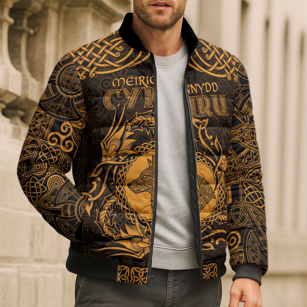 Personalized Merionethshire Meirionnydd Bomber Puffer Jacket Gold Wolf Celtic-inspired - Wonder Print Shop