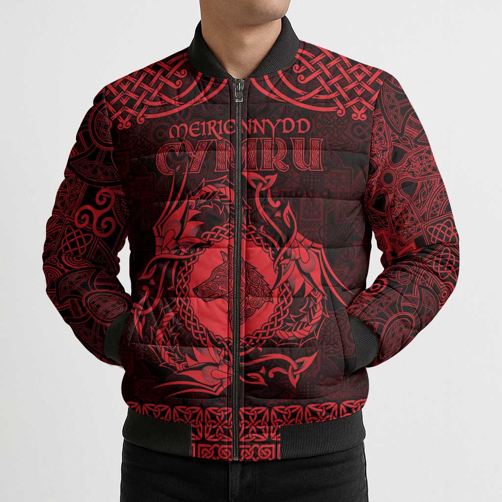 Personalized Merionethshire Meirionnydd Bomber Puffer Jacket Red Wolf Celtic-inspired - Wonder Print Shop