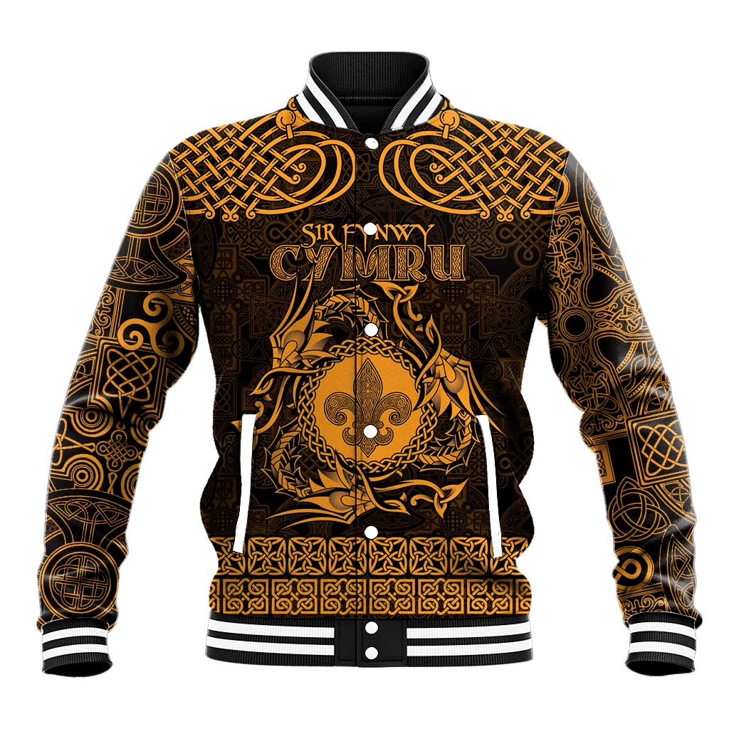 Personalized Monmouthshire Sir Fynwy Baseball Jacket Gold Fleur-de-lis Celtic-inspired - Wonder Print Shop