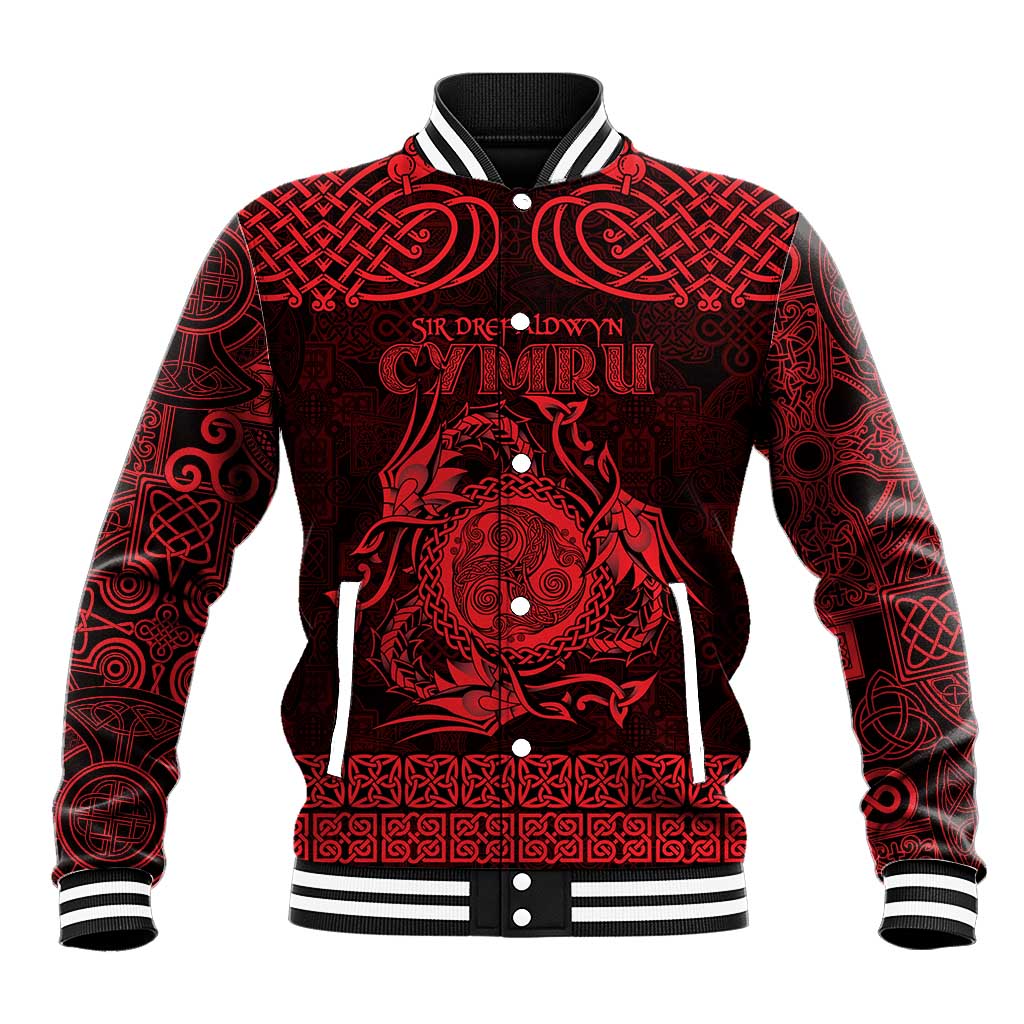 Personalized Montgomeryshire Sir Drefaldwyn Baseball Jacket Red Water Triskele Celtic-inspired - Wonder Print Shop