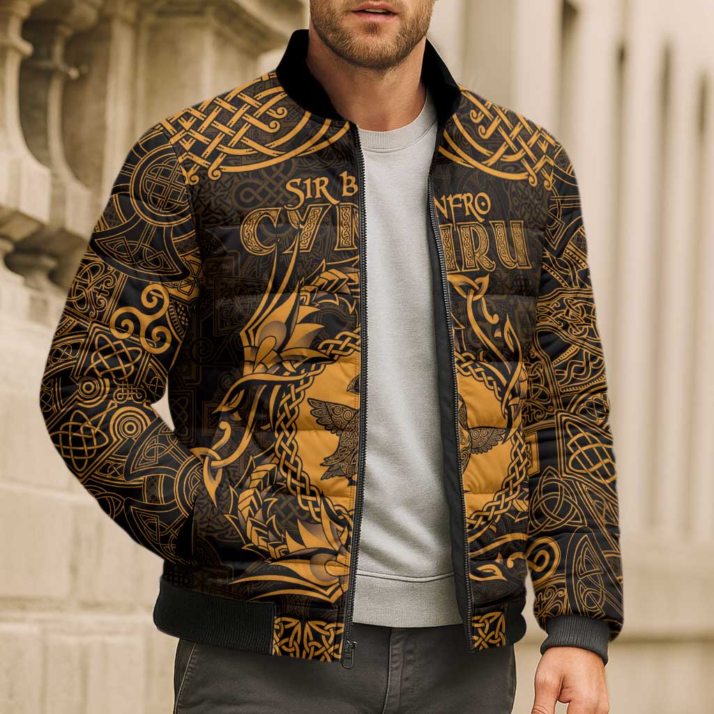 Personalized Pembrokeshire Sir Benfro Bomber Puffer Jacket Gold Puffin Celtic-inspired - Wonder Print Shop