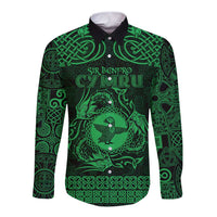 Personalized Pembrokeshire Sir Benfro Long Sleeve Button Shirt Green Puffin Celtic-inspired - Wonder Print Shop