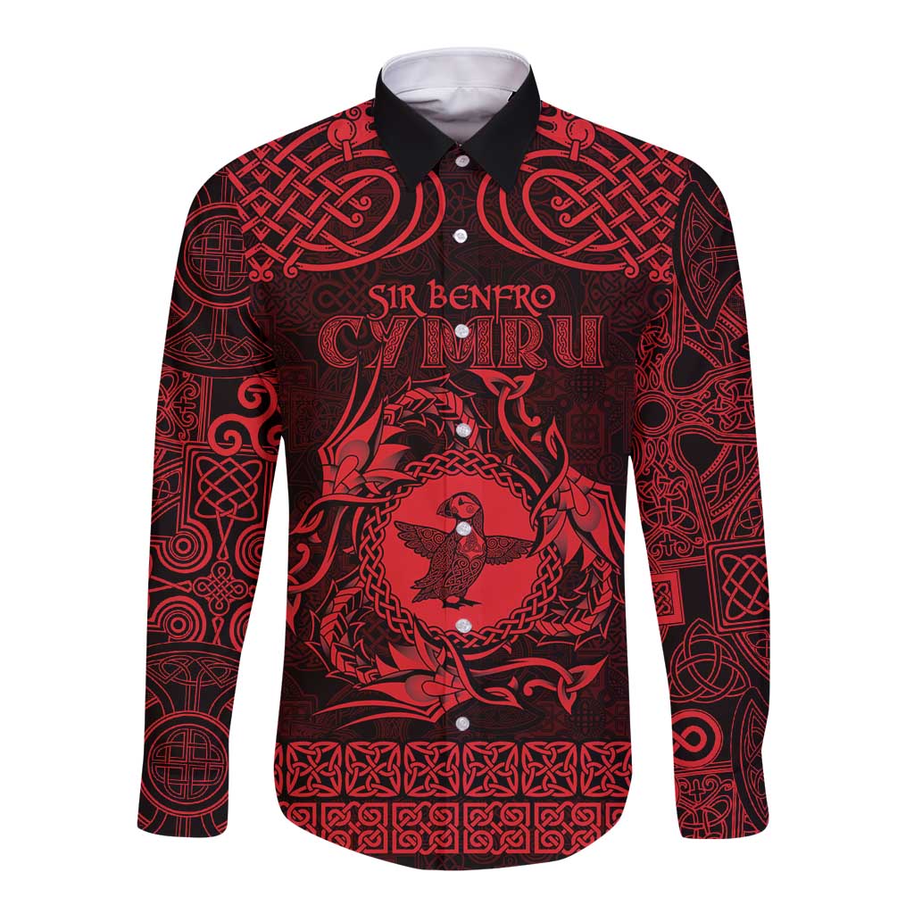 Personalized Pembrokeshire Sir Benfro Long Sleeve Button Shirt Red Puffin Celtic-inspired - Wonder Print Shop