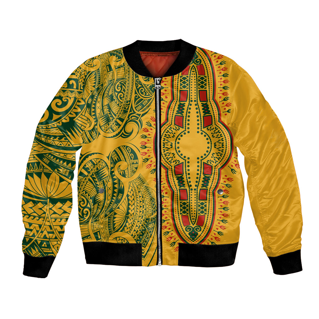 Gold bomber jacket with colorful tribal print, black ribbed collar, cuffs and hem