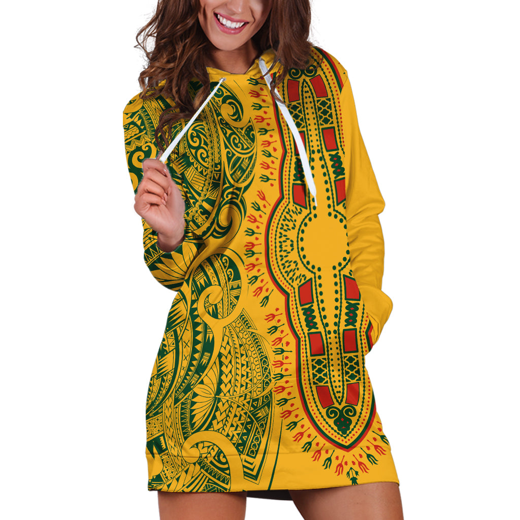 Africa Dashiki Hoodie Dress African Tribal Art Mixed Polynesian Tattoo Gold Color Unique - Wonder Print Shop