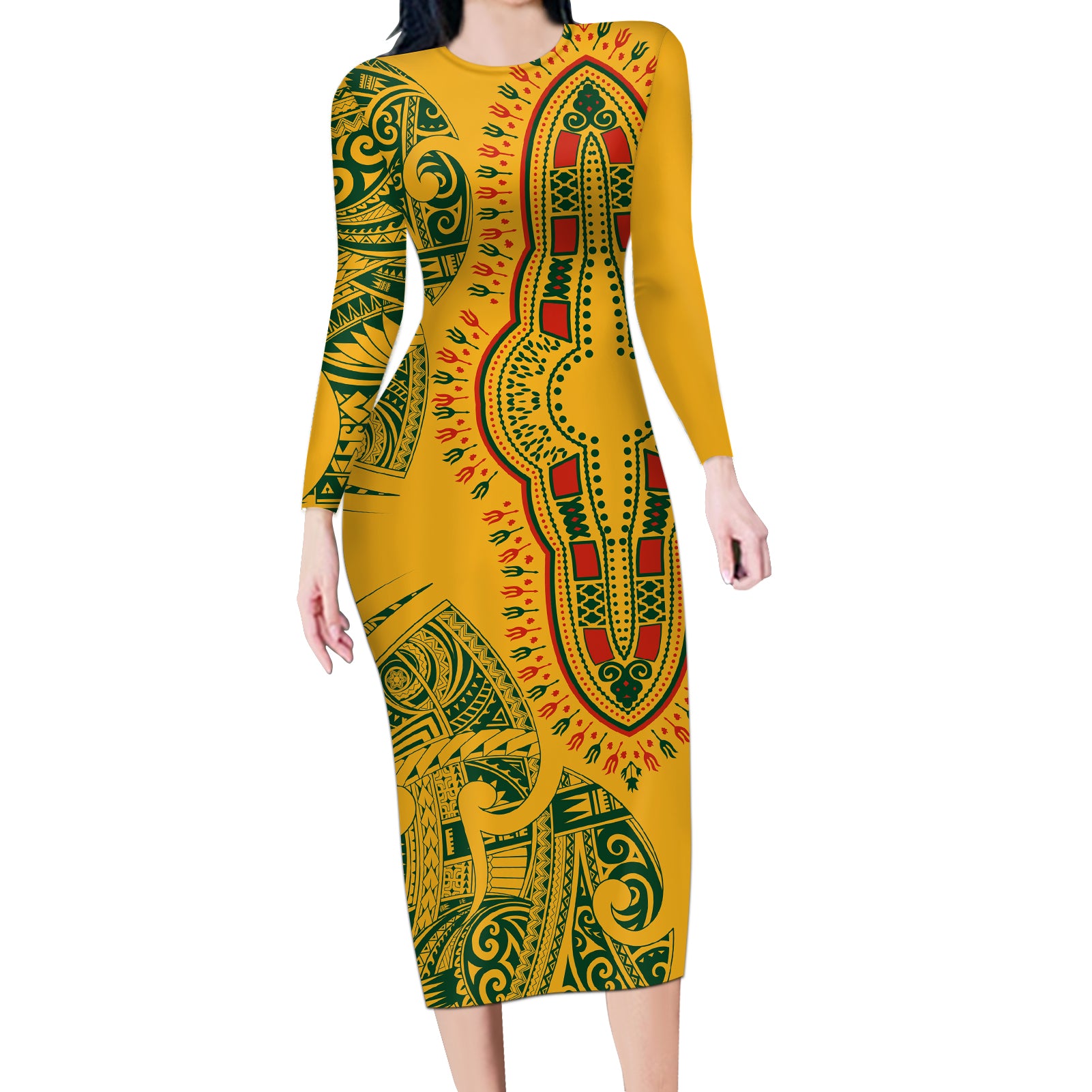 Africa Dashiki Long Sleeve Bodycon Dress African Tribal Art Mixed Polynesian Tattoo Gold Color Unique - Wonder Print Shop