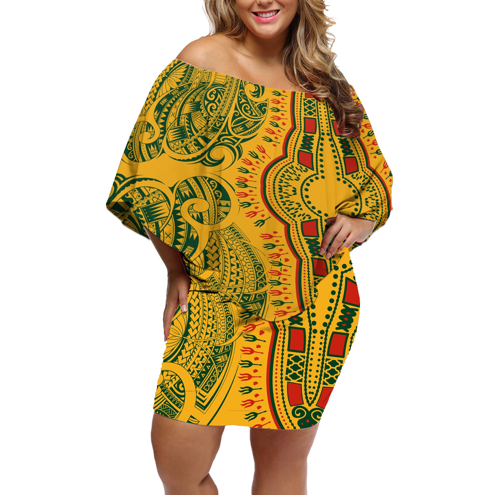 Africa Dashiki Off Shoulder Short Dress African Tribal Art Mixed Polynesian Tattoo Gold Color Unique - Wonder Print Shop