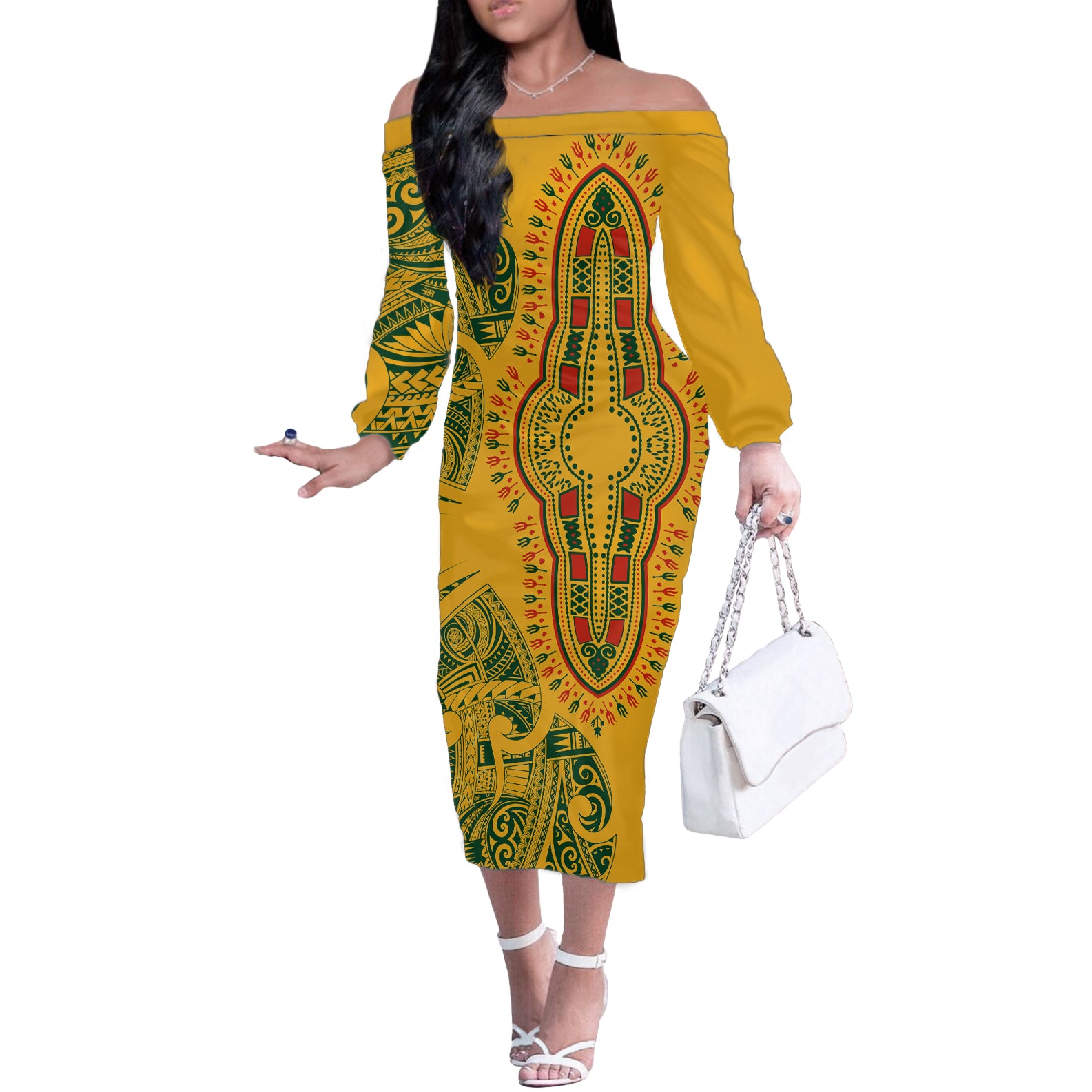 Africa Dashiki Off The Shoulder Long Sleeve Dress African Tribal Art Mixed Polynesian Tattoo Gold Color Unique - Wonder Print Shop