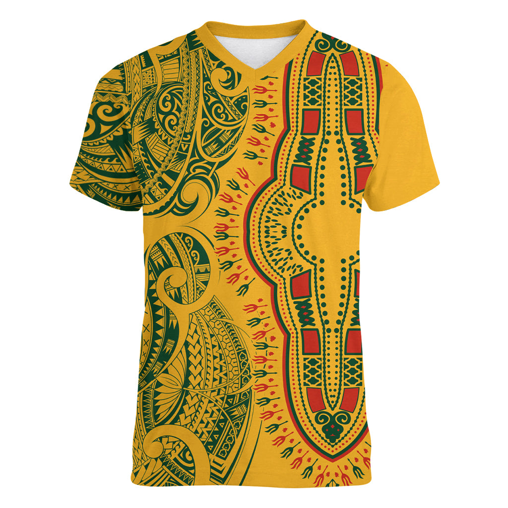 africa-dashiki-women-v-neck-t-shirt-african-tribal-art-mixed-polynesian-tattoo-gold-color-unique