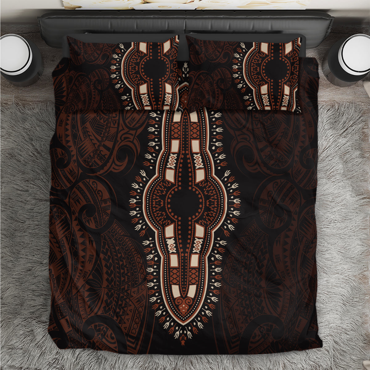 Tribal duvet cover set with two pillow shams, dark red and black ornate pattern