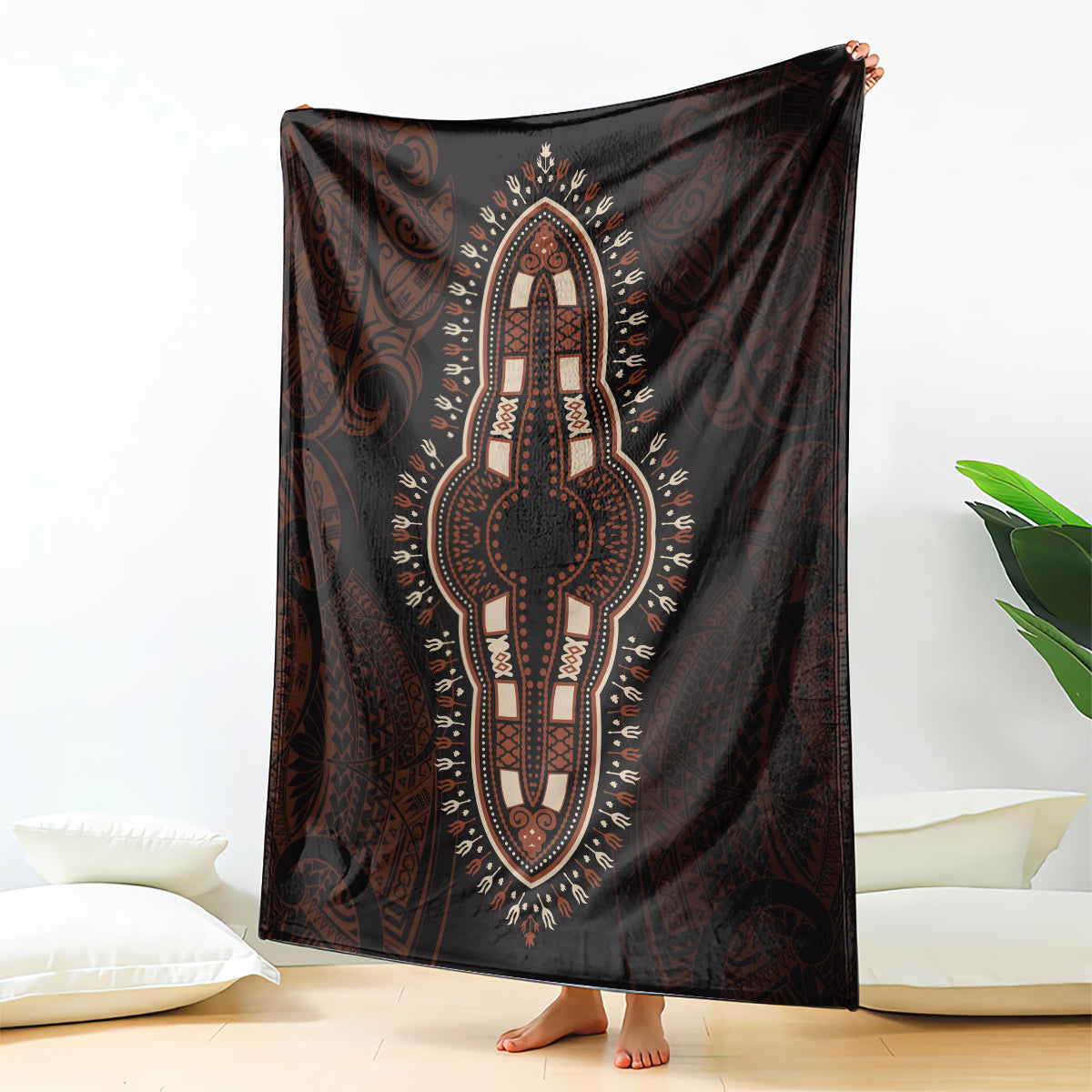 Dark brown throw blanket with bold vertical medallion and ornate tribal pattern in red tones
