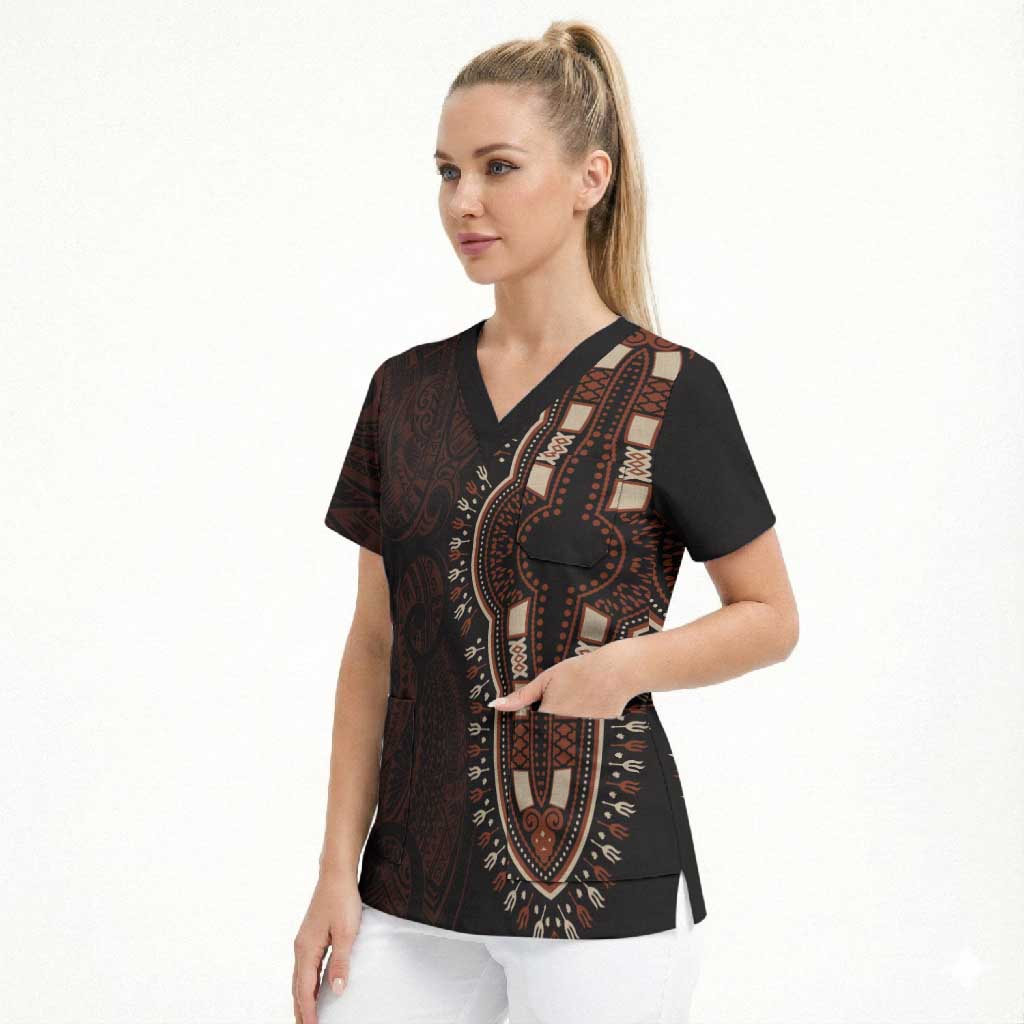 Dashiki and Polynesian Pattern Scrub Top Afro Pacific Culture Red Version