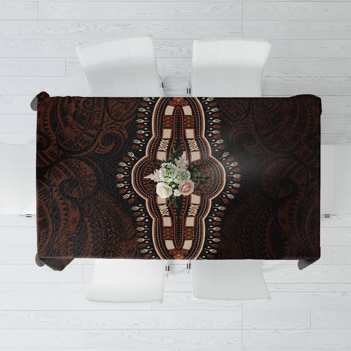 Dark patterned tablecloth with central medallion and floral accents