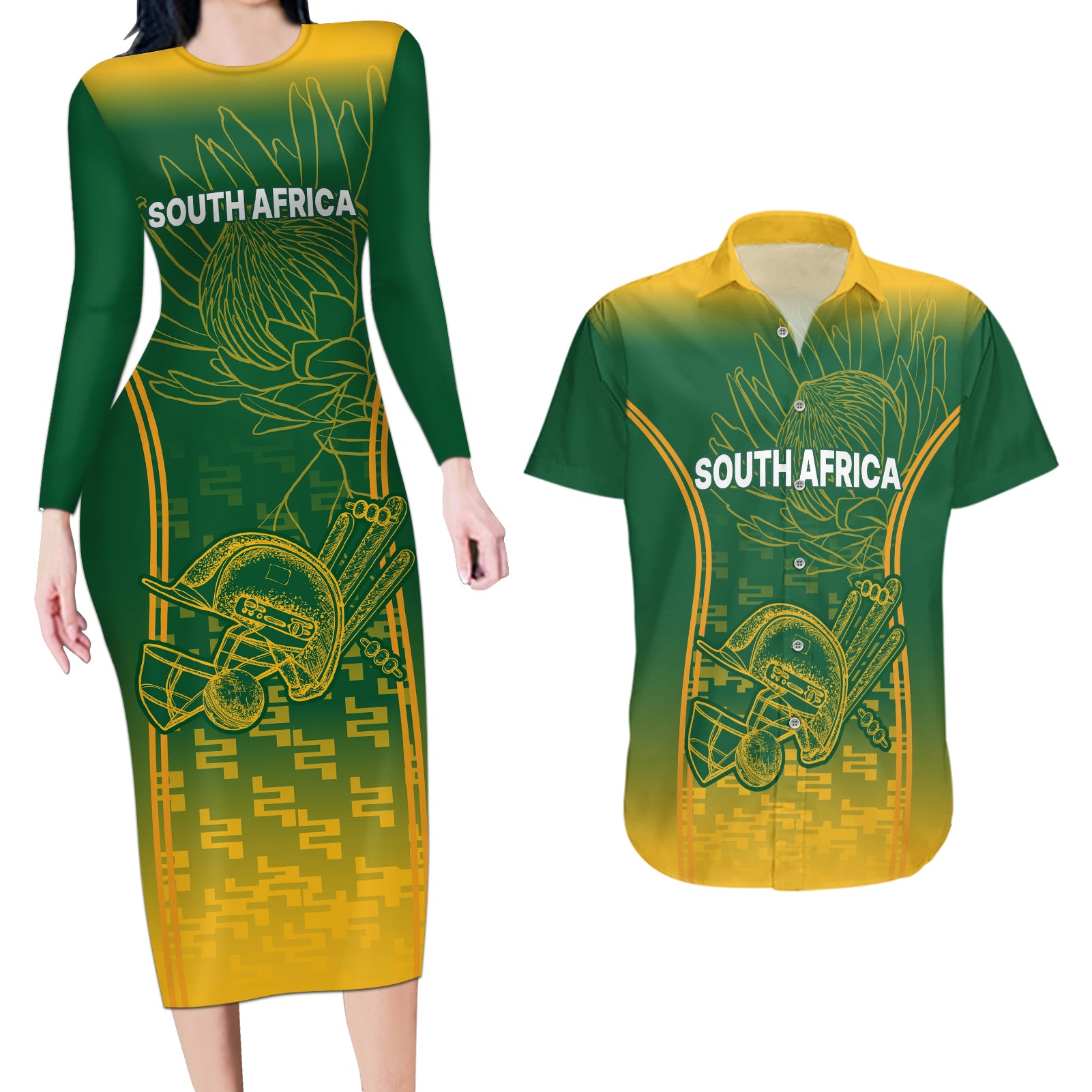 South Africa Cricket Couples Matching Long Sleeve Bodycon Dress and Hawaiian Shirt Go Proteas World Cup Version 2023 Sproty LT9 - Wonder Print Shop