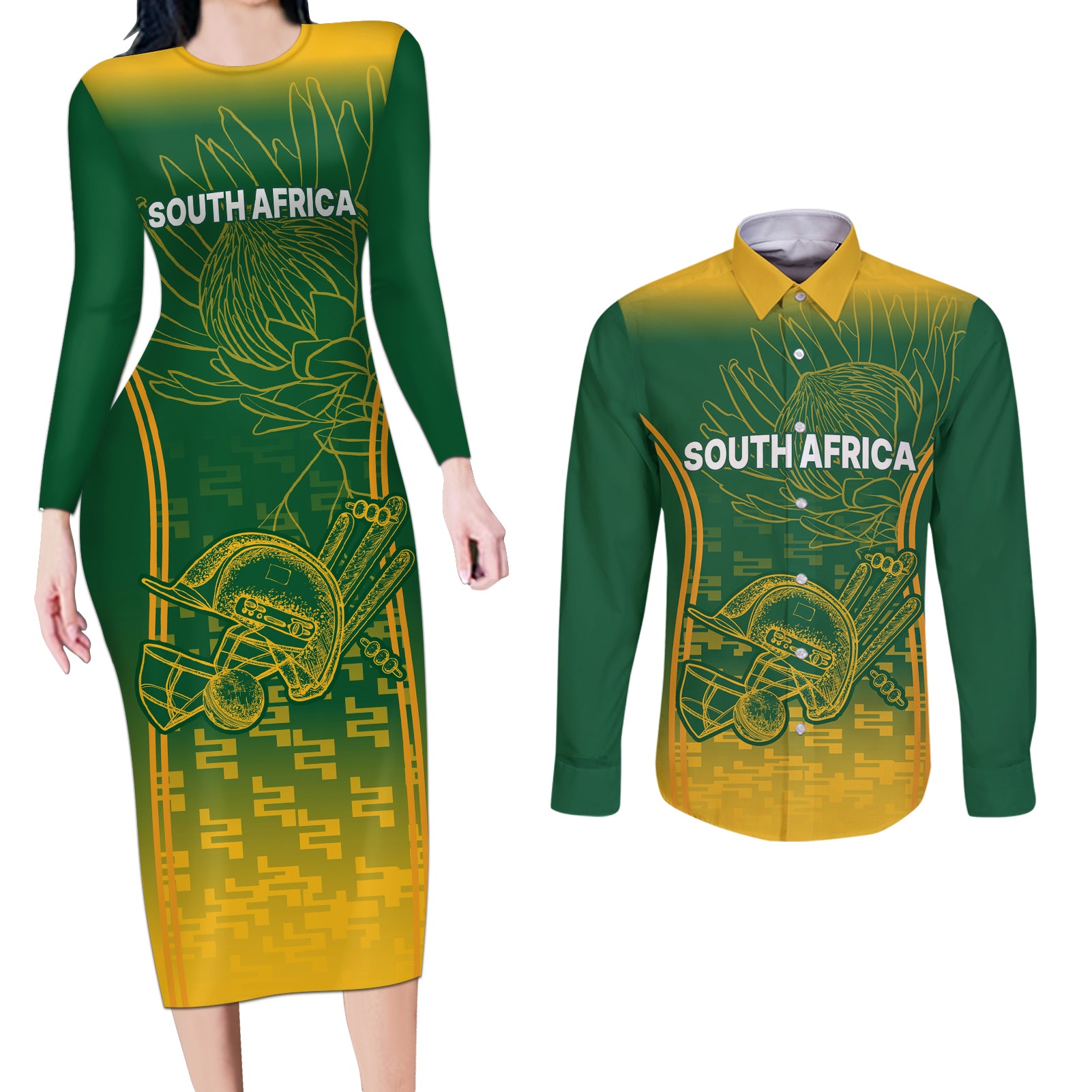 South Africa Cricket Couples Matching Long Sleeve Bodycon Dress and Long Sleeve Button Shirts Go Proteas World Cup Version 2023 Sproty LT9 - Wonder Print Shop