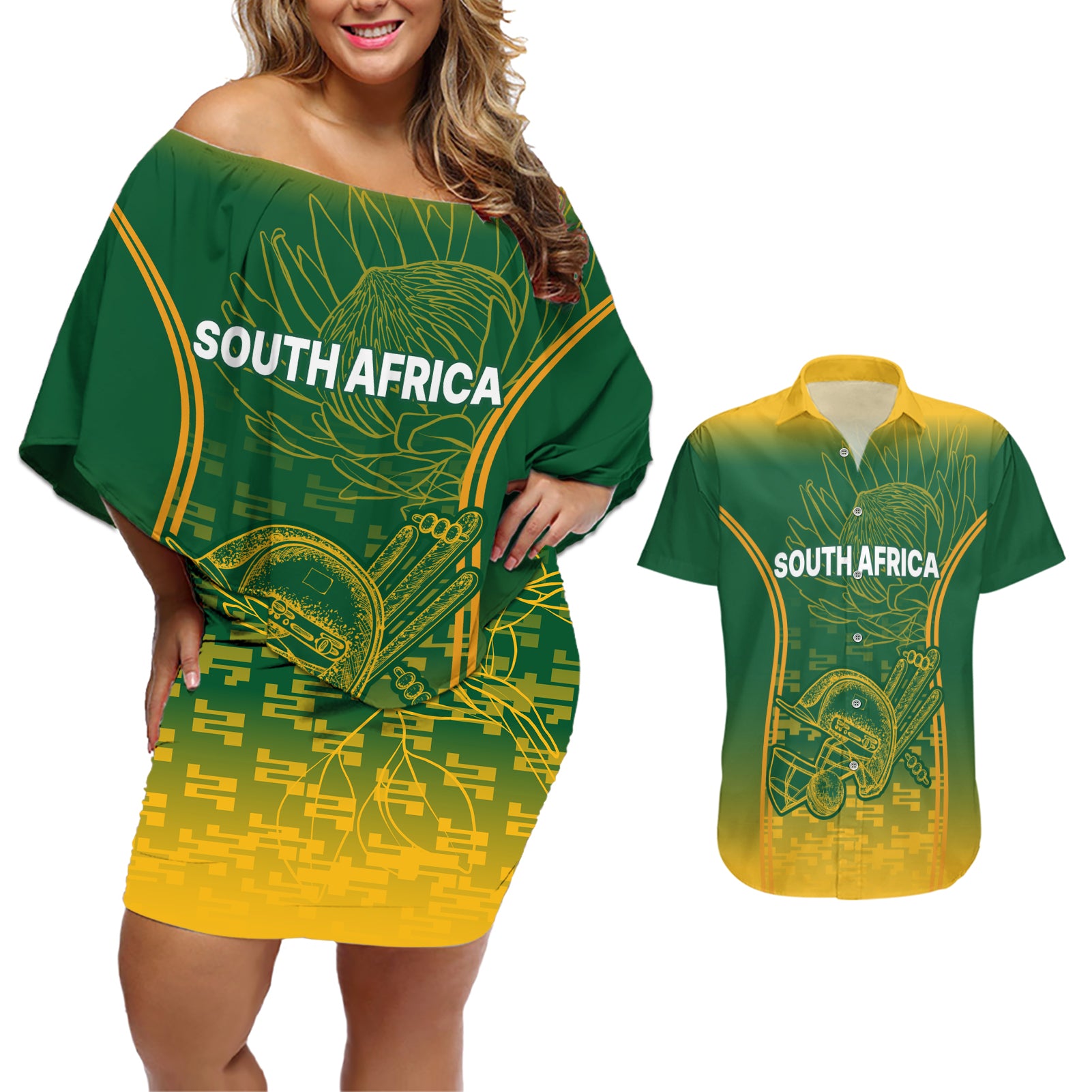 South Africa Cricket Couples Matching Off Shoulder Short Dress and Hawaiian Shirt Go Proteas World Cup Version 2023 Sproty LT9 - Wonder Print Shop