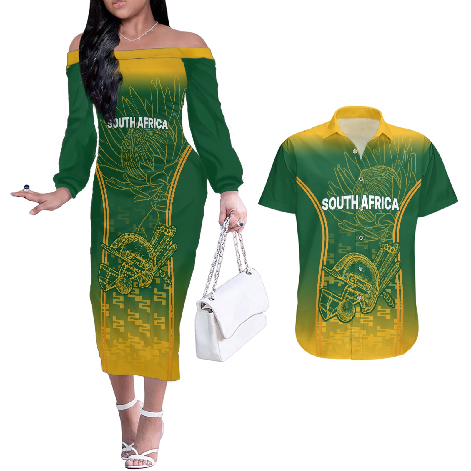 South Africa Cricket Couples Matching Off The Shoulder Long Sleeve Dress and Hawaiian Shirt Go Proteas World Cup Version 2023 Sproty LT9 - Wonder Print Shop