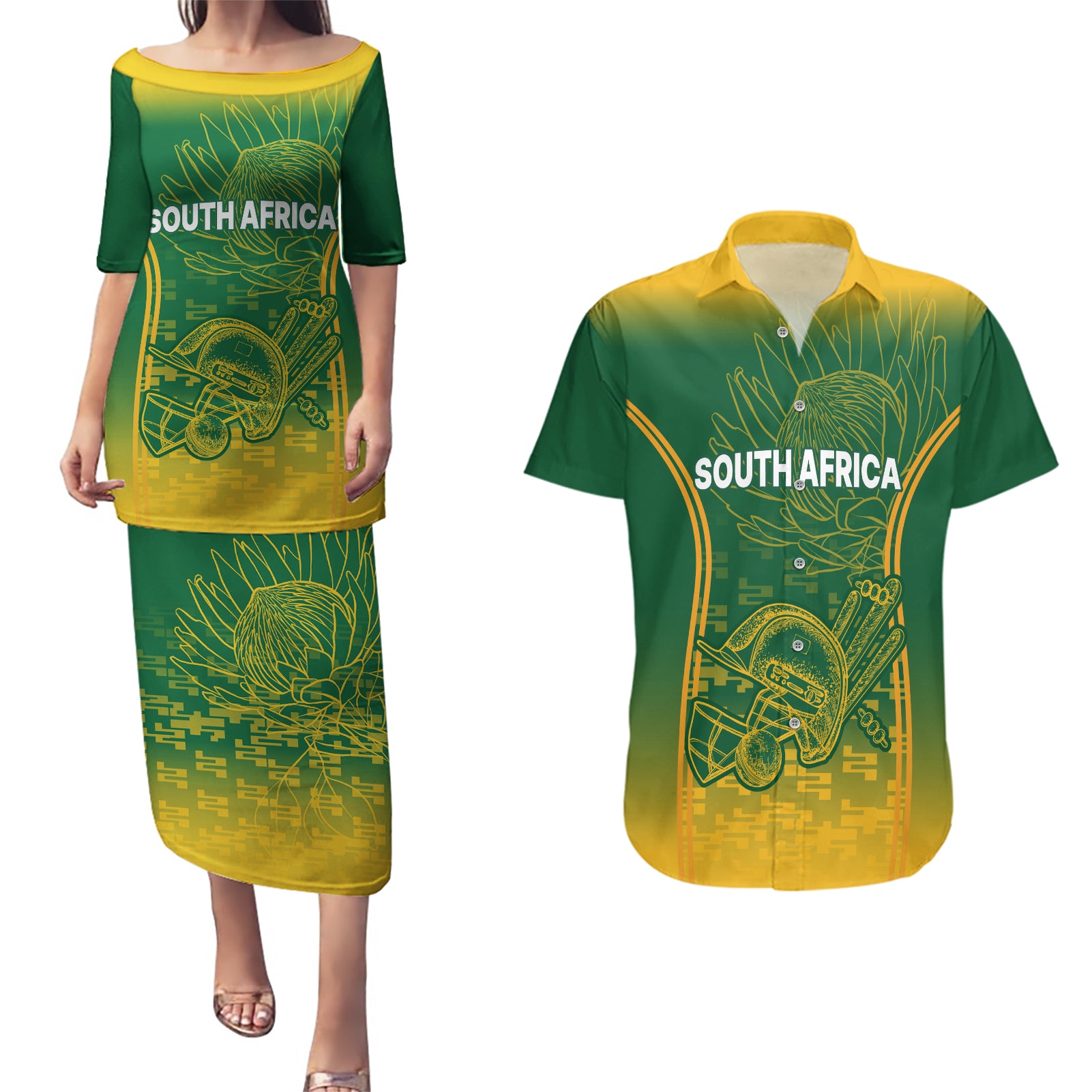 South Africa Cricket Couples Matching Puletasi Dress and Hawaiian Shirt Go Proteas World Cup Version 2023 Sproty LT9 - Wonder Print Shop