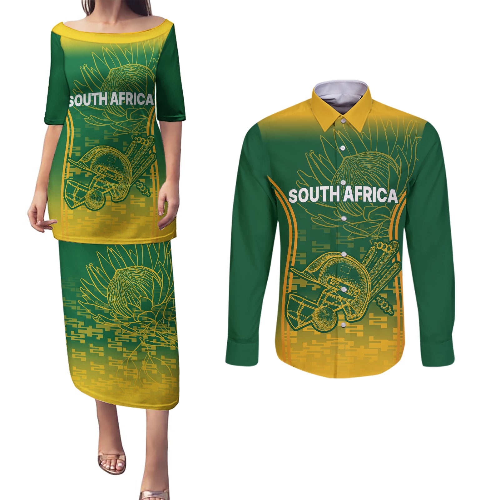 South Africa Cricket Couples Matching Puletasi Dress and Long Sleeve Button Shirts Go Proteas World Cup Version 2023 Sproty LT9 - Wonder Print Shop