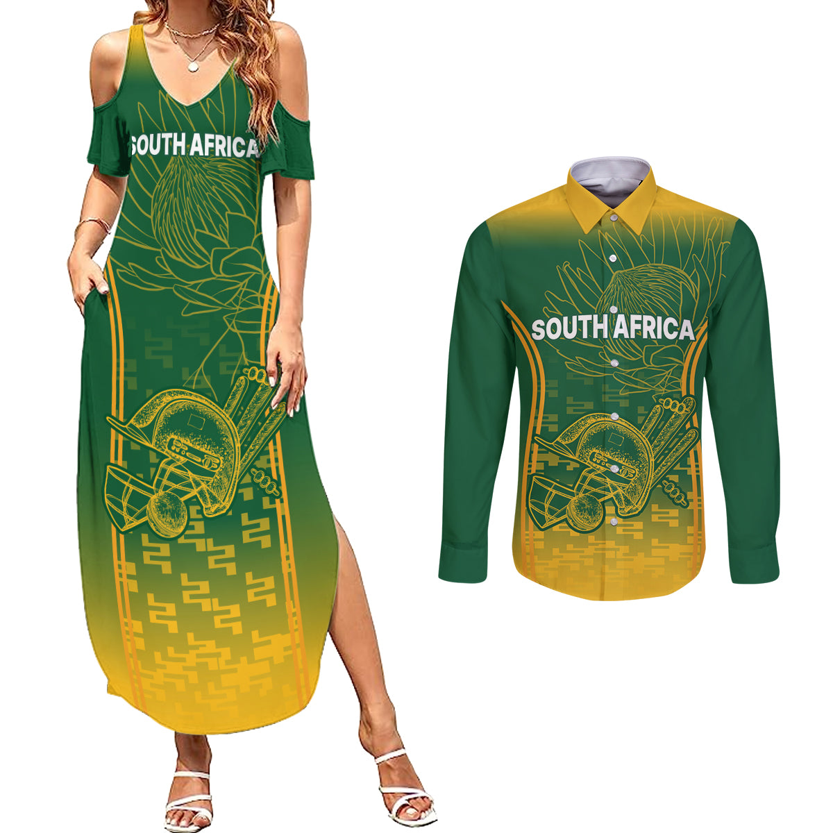 South Africa Cricket Couples Matching Summer Maxi Dress and Long Sleeve Button Shirts Go Proteas World Cup Version 2023 Sproty LT9 - Wonder Print Shop