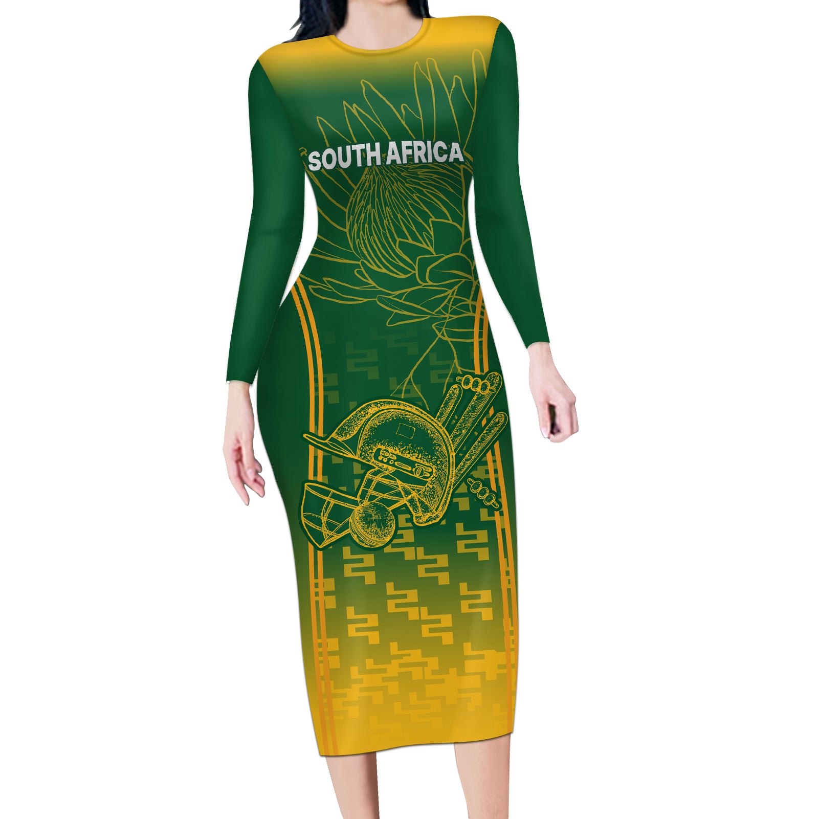 South Africa Cricket Long Sleeve Bodycon Dress Go Proteas World Cup Version 2023 Sproty - Wonder Print Shop