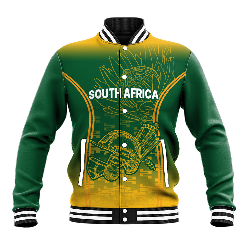 Green South Africa baseball varsity jacket with striped ribbed collar and front emblem