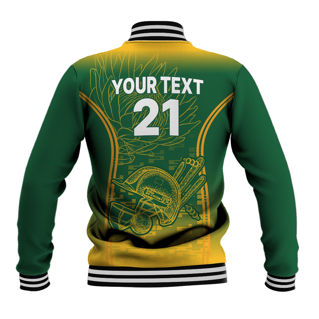 Green baseball varsity jacket with striped collar and back text YOUR TEXT 21