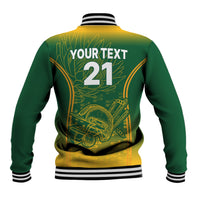 Green baseball varsity jacket with striped collar and back text YOUR TEXT 21