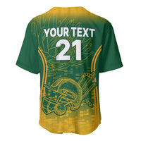 Green cricket baseball jersey back with YOUR TEXT 21 and yellow graphic