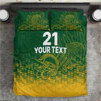 Cricket-themed bedding set in green and yellow with two pillowcases, number 21, 'YOUR TEXT'