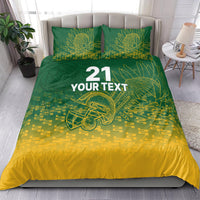 Cricket-themed duvet and two pillowcases in green and yellow with cricket emblem and 'YOUR TEXT'