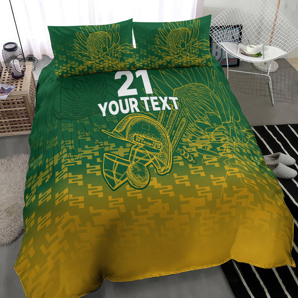 Green and yellow bedding set with two pillowcases featuring cricket emblem, 'YOUR TEXT', 21