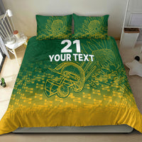 Cricket bedding set with two green pillowcases and yellow duvet, 'YOUR TEXT' and 21
