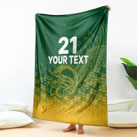 Custom cricket blanket in dark green and gold with “21 YOUR TEXT” and bat graphic.