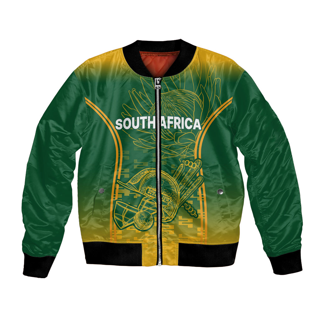 Green satin bomber jacket with front zipper and South Africa graphic, ribbed collar and cuffs