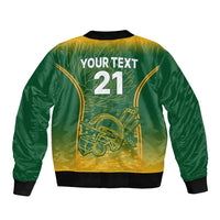 Green satin bomber jacket with zipper, Your Text 21 graphic, ribbed collar and cuffs