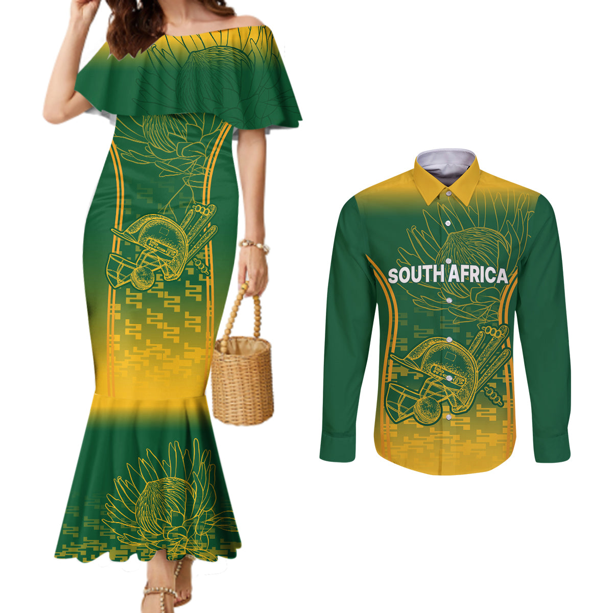 custom-south-africa-cricket-couples-matching-mermaid-dress-and-long-sleeve-button-shirts-go-proteas-world-cup-version-2023-sproty