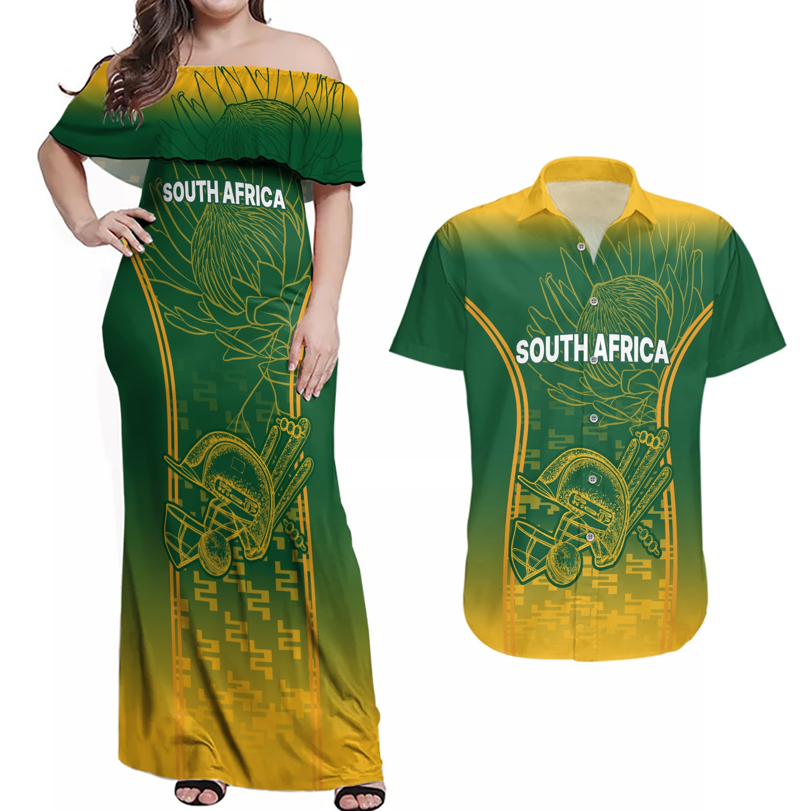 Custom South Africa Cricket Couples Matching Off Shoulder Maxi Dress and Hawaiian Shirt Go Proteas World Cup Version 2023 Sproty LT9 - Wonder Print Shop