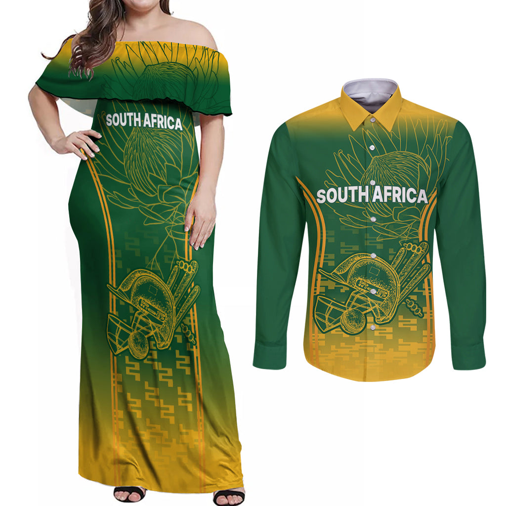 Custom South Africa Cricket Couples Matching Off Shoulder Maxi Dress and Long Sleeve Button Shirts Go Proteas World Cup Version 2023 Sproty LT9 - Wonder Print Shop