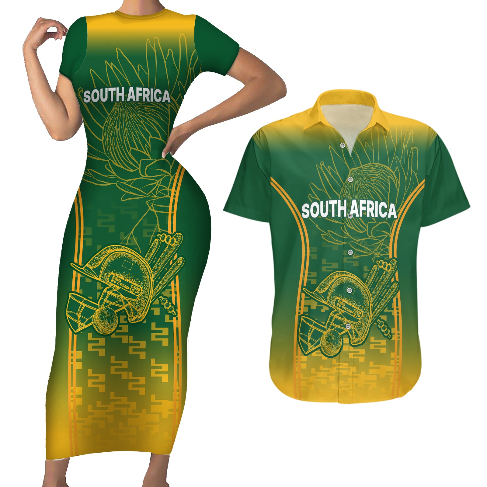 Custom South Africa Cricket Couples Matching Short Sleeve Bodycon Dress and Hawaiian Shirt Go Proteas World Cup Version 2023 Sproty LT9 - Wonder Print Shop