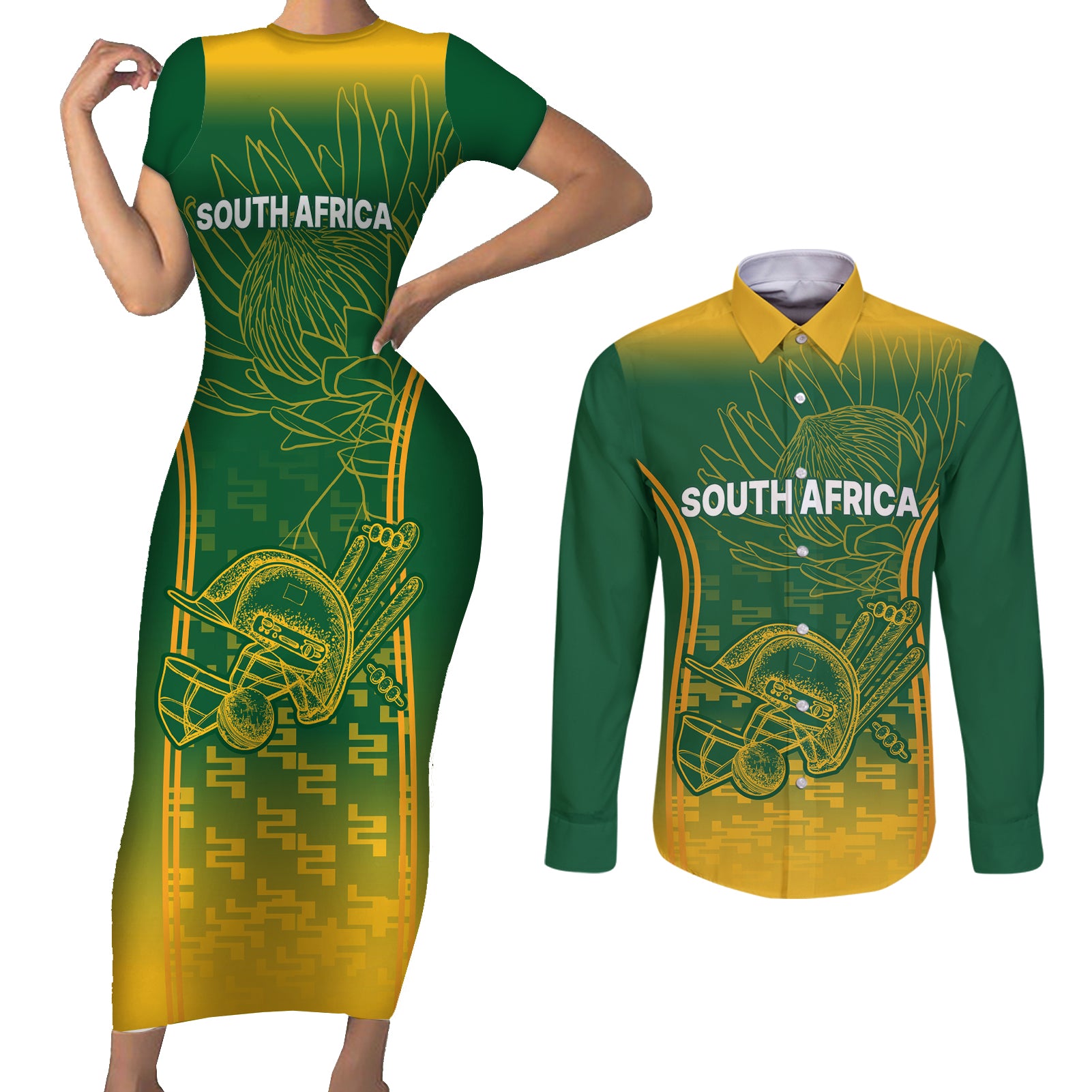 Custom South Africa Cricket Couples Matching Short Sleeve Bodycon Dress and Long Sleeve Button Shirts Go Proteas World Cup Version 2023 Sproty LT9 - Wonder Print Shop