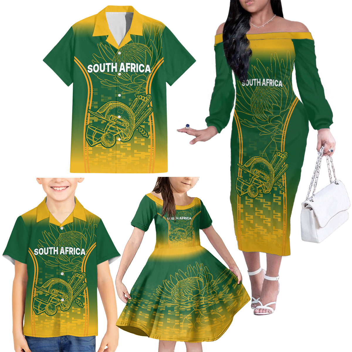 Custom South Africa Cricket Family Matching Off Shoulder Long Sleeve Dress and Hawaiian Shirt Go Proteas World Cup Version 2023 Sproty - Wonder Print Shop