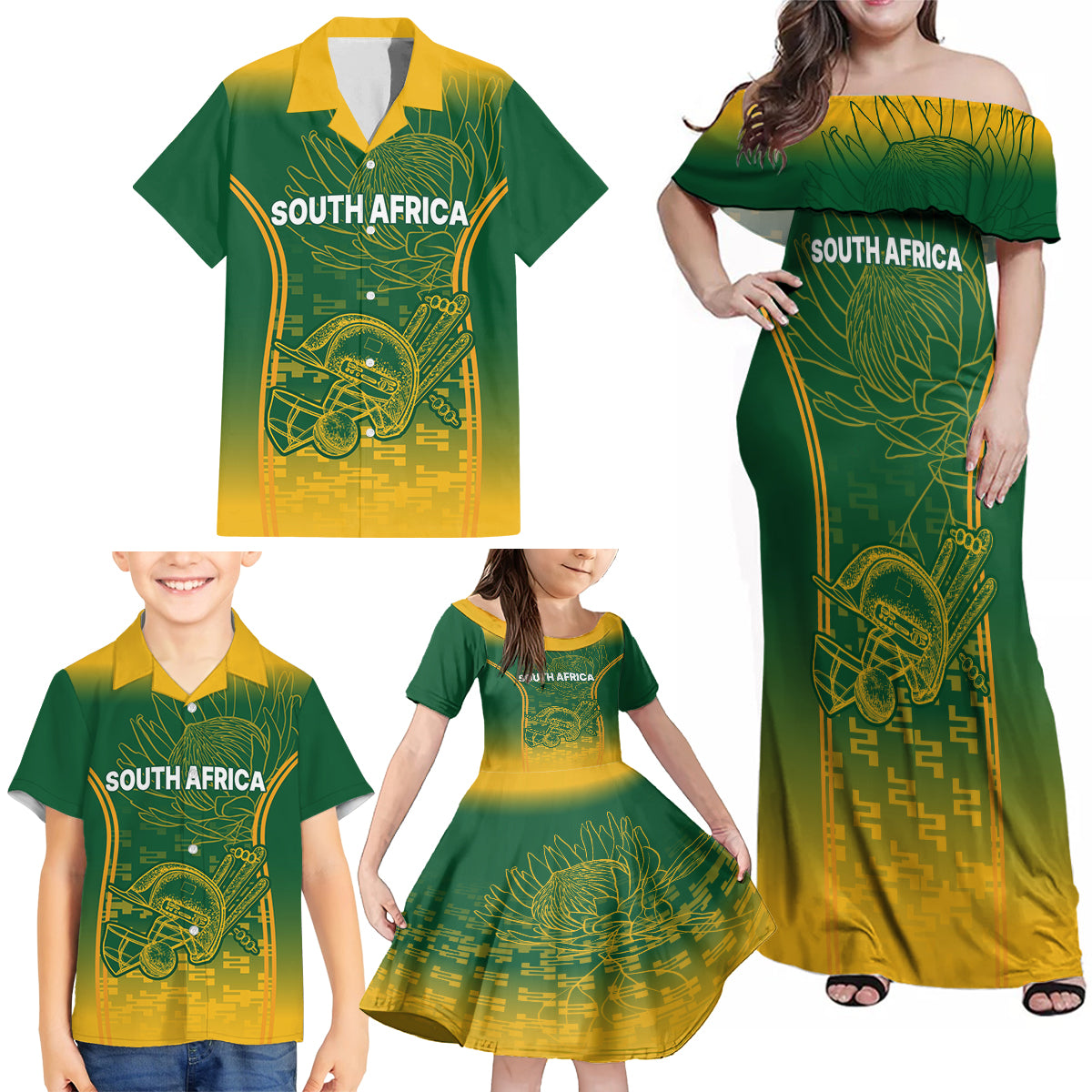 Custom South Africa Cricket Family Matching Off Shoulder Maxi Dress and Hawaiian Shirt Go Proteas World Cup Version 2023 Sproty LT9 - Wonder Print Shop