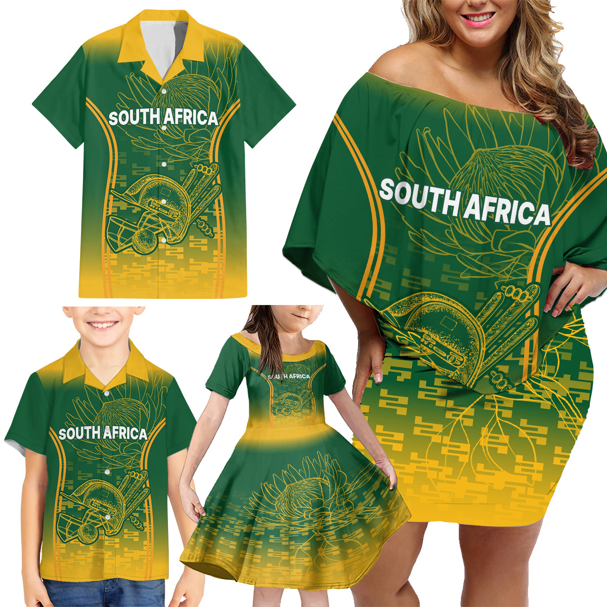 Custom South Africa Cricket Family Matching Off Shoulder Short Dress and Hawaiian Shirt Go Proteas World Cup Version 2023 Sproty LT9 - Wonder Print Shop