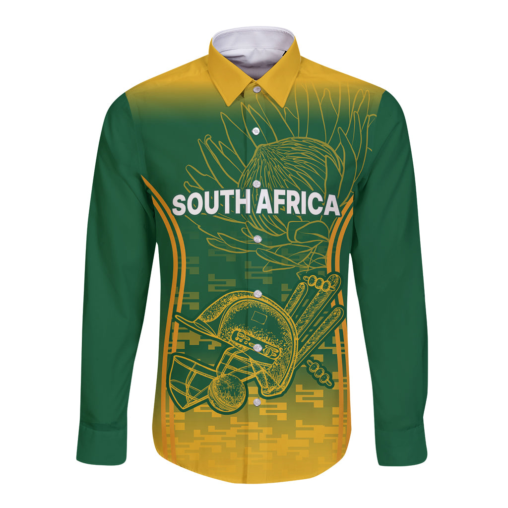Green long-sleeve cricket button shirt with South Africa front graphic