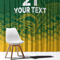 Green and yellow cricket window curtain with large 'Your text' and emblem