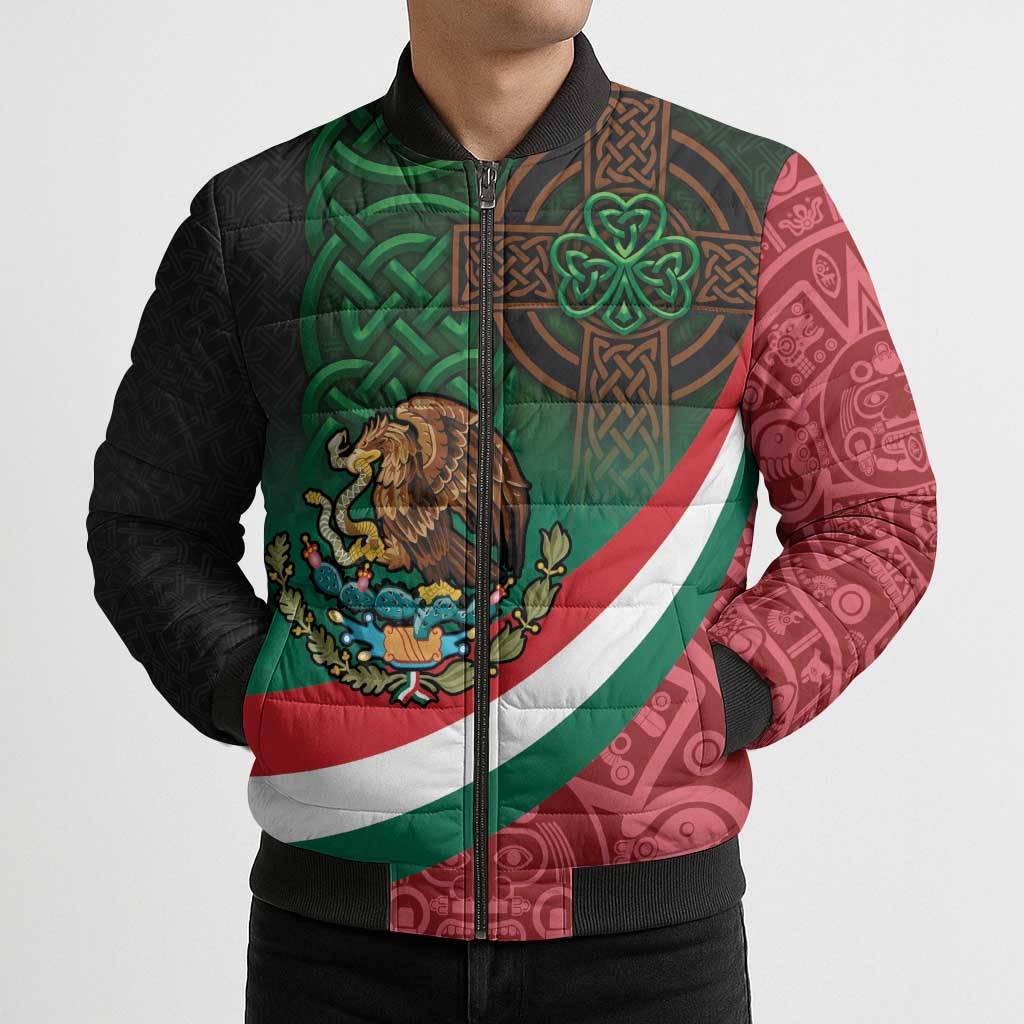 Mexico and Ireland Together Bomber Puffer Jacket Aztec Sun Mix Celtic Shamrock - Wonder Print Shop